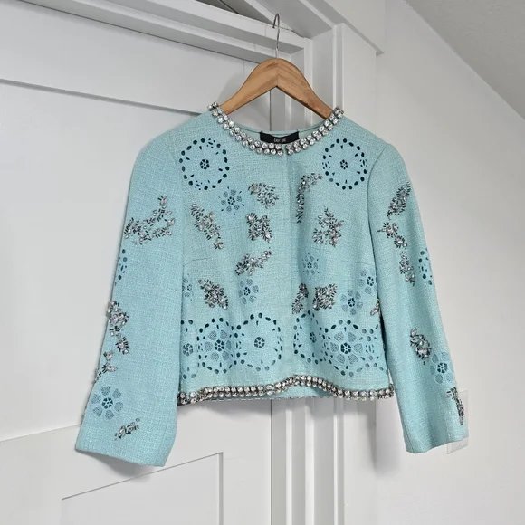🆕️ Per Se Carlisle Per Elegant Crystal Floral Tweed Blazer in Mint Aqua Blue - Picture 2 of 10